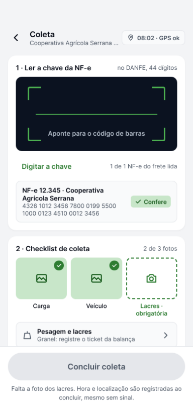 App do motorista, Coleta: a leitura da chave da NF-e e o checklist de fotos da carga, do veículo e dos lacres.